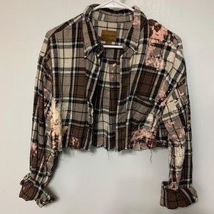 Brown Bleach-dyed Plaid Cropped Flannel